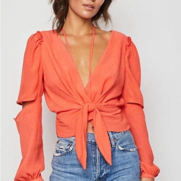 Bailey 44 Tops - Bailey 44 Taj Long Sleeve Crinkle Texture Front Tie Cut Out Top Orange L